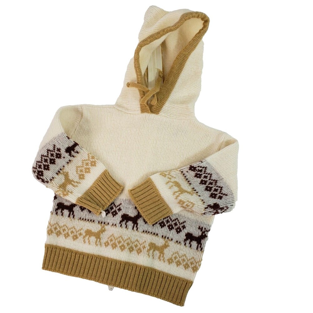 Vtg 90s Toddler Boys Ski Sweater 18 mos Ivory Tan Brown Deer Hoody Back Zipper